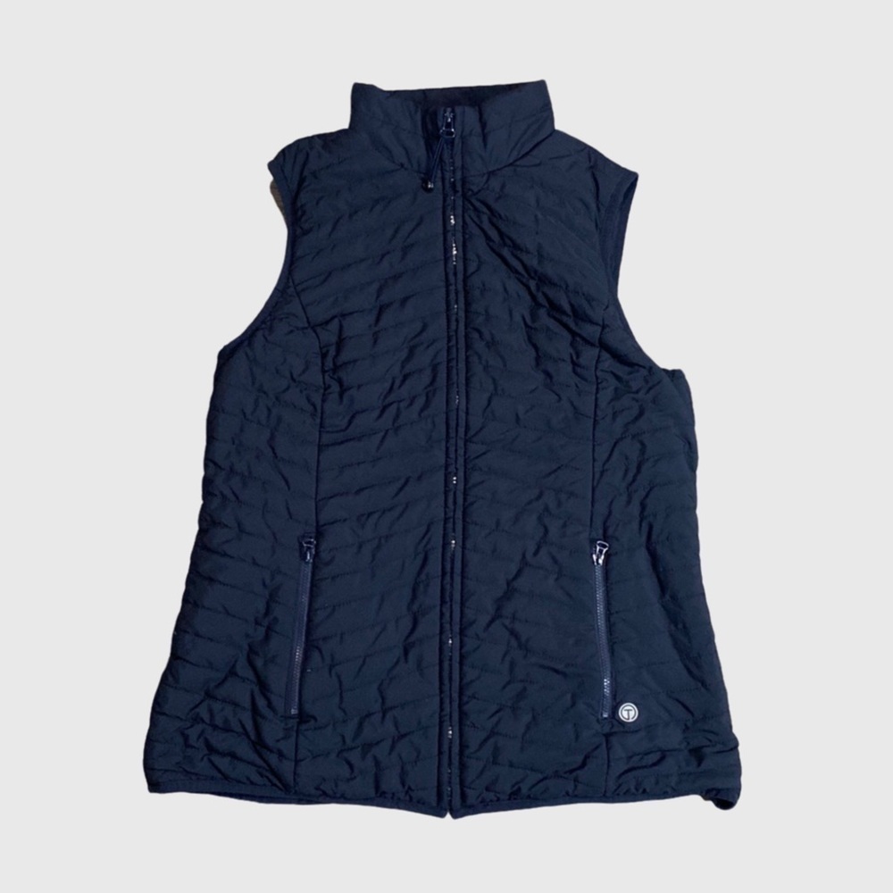 T BY TALBOTS WOMEN’S NAVY BLUE CHEVRON PUFFER VEST SMALL